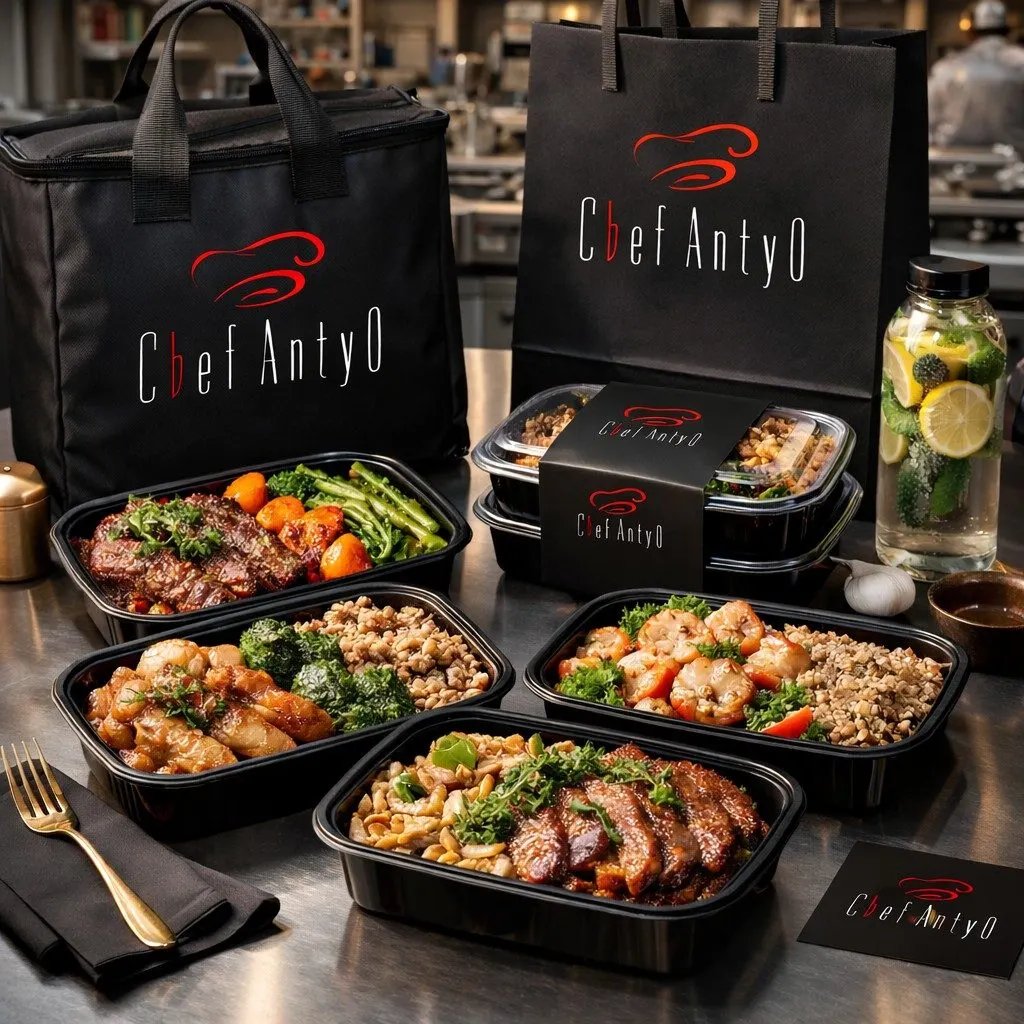 Chef AntyO insulated delivery bags beside a week of portioned meals