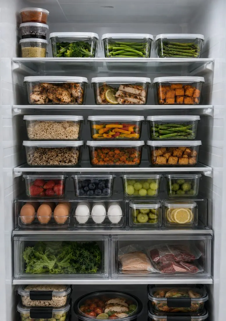A refrigerator stocked with labelled meal containers